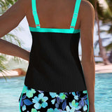 Tankini Noir Côtelé à Short Fleuri Bianca
