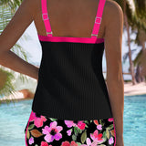 Tankini Noir Côtelé à Short Fleuri Bianca