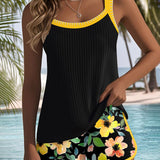 Tankini Noir Côtelé à Short Fleuri Bianca