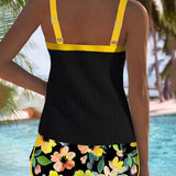 Tankini Noir Côtelé à Short Fleuri Bianca