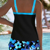 Tankini Noir Côtelé à Short Fleuri Bianca