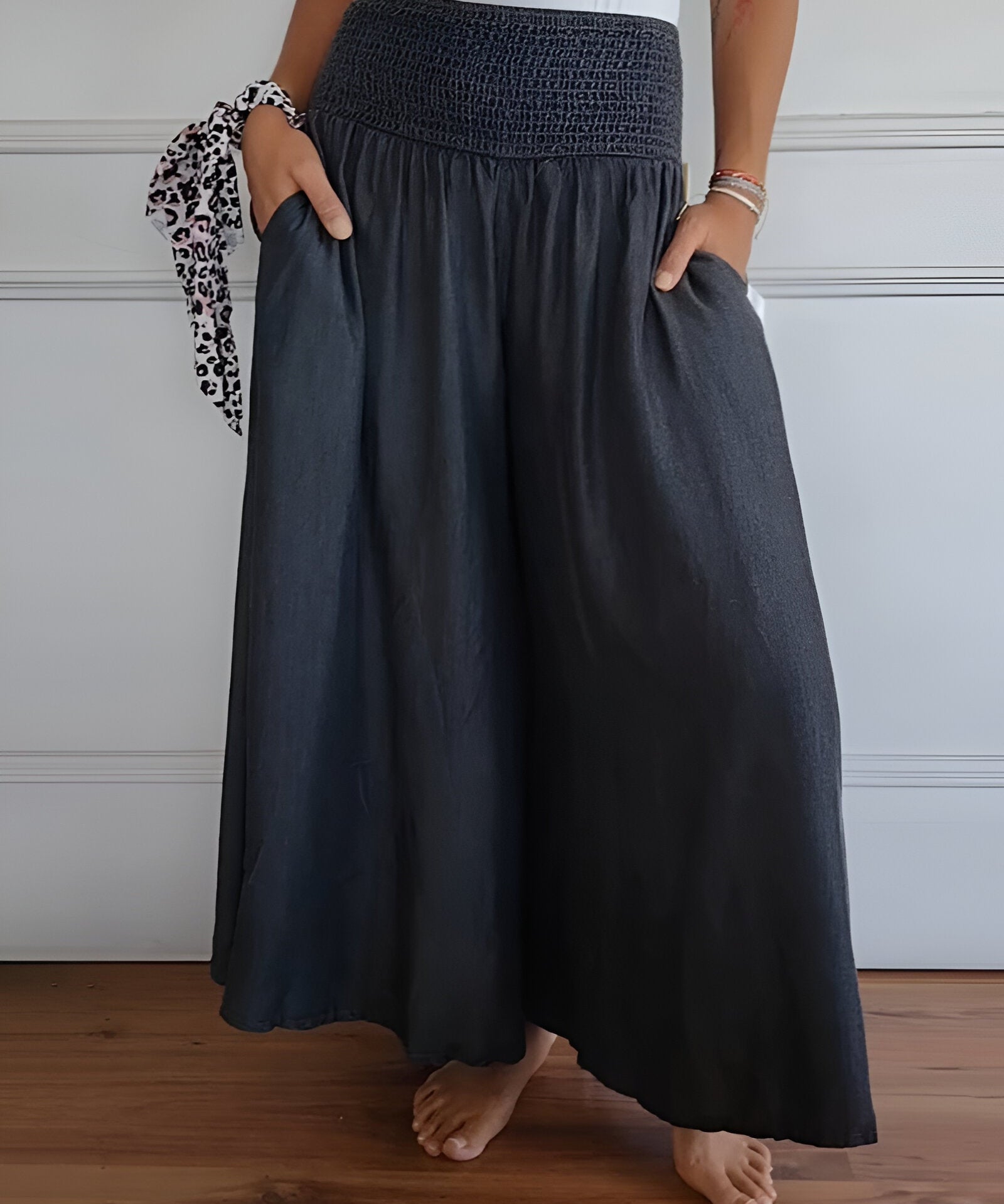 Pantalon Large à Taille Smockée