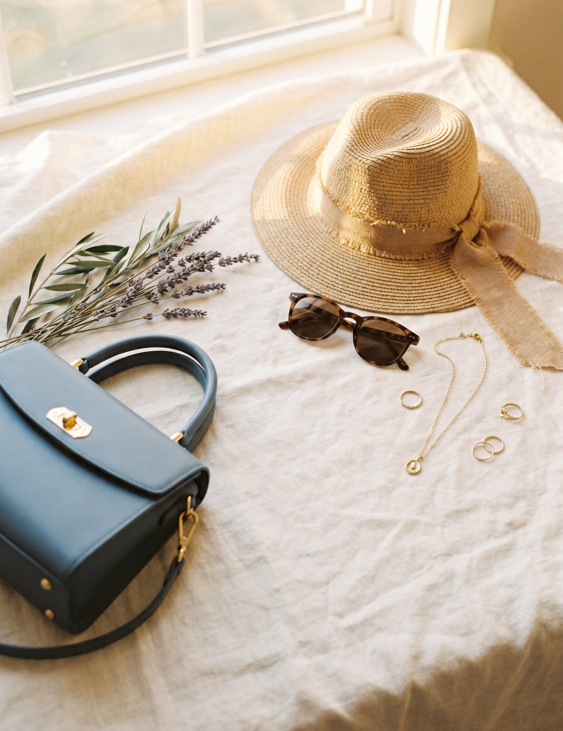 Sac, lunettes de soleil et bijoux disposés à plat