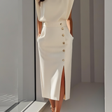 Robe Midi Ajustée à Boutons Dorés