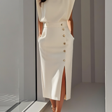 Robe Midi Ajustée à Boutons Dorés