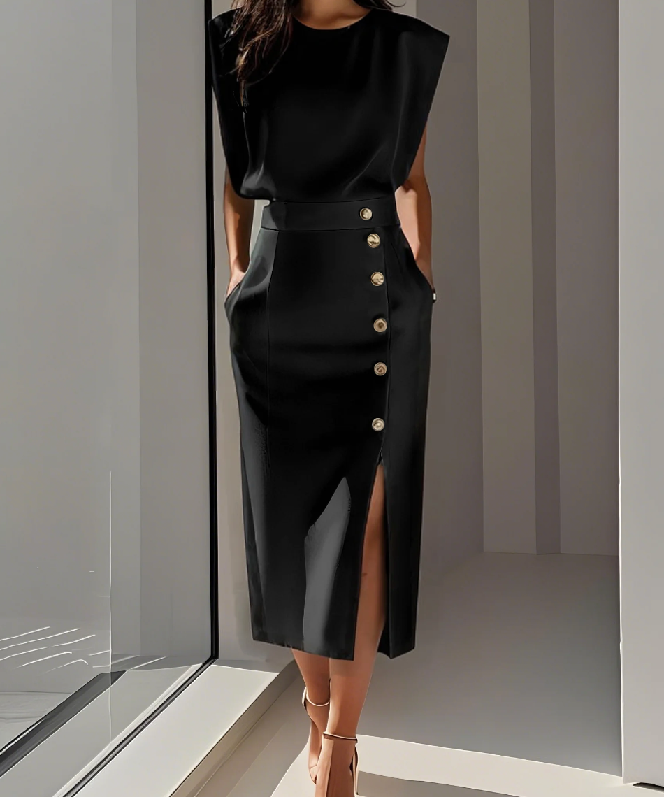 Robe Midi Ajustée à Boutons Dorés