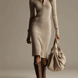 Robe Pull Côtelée Beige