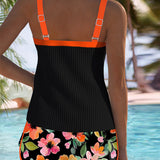 Tankini Noir Côtelé à Short Fleuri Bianca
