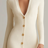 Robe Midi Côtelée à Boutons