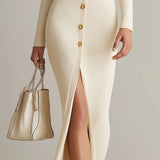 Robe Midi Côtelée à Boutons