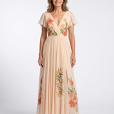 Robe Maxi Florale Plissée à Manches Camélia