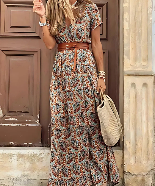 Robe Longue Bohème à Taille Froncée