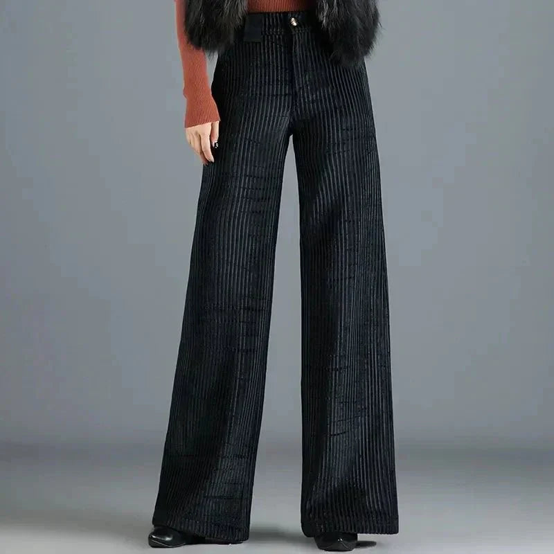 Pantalon Taille Haute en Velours Tricoté